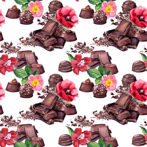 Çikolata bloğu, çikolata şekeri, çiçekler. Kusursuz yemek kalıbı. Suluboya — Stok fotoğraf