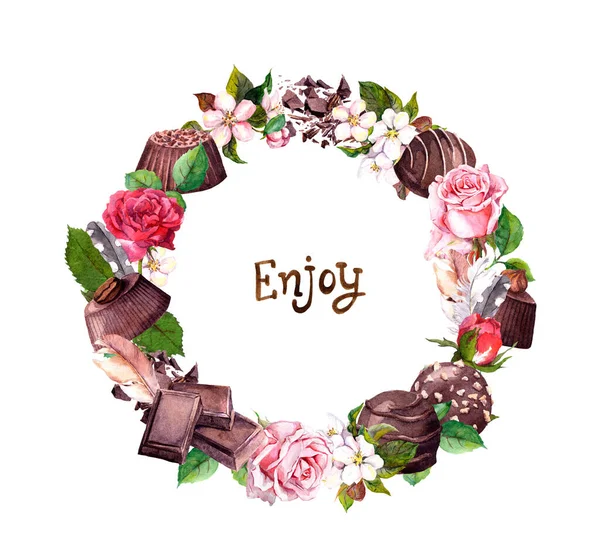 Chocolate - blocos, balas, flores vermelhas, rosas rosa. Comida e flores grinalda com nota escrita à mão Desfrute. Aquarela — Fotografia de Stock