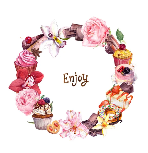 Десерти з насолодою фразою в руці намальована акварельна квіткова рамка — стокове фото