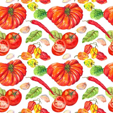 Sebzeli mutfak deseni. Domates, biber, soğuk, sarımsak. Kusursuz aşçılık geçmişi. Suluboya
