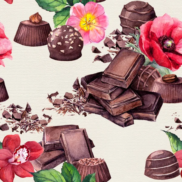 Schokoladenblock, Schokoladenbonbons, Blumen - Rose, Orchidee und andere. Nahtloses Nahrungsmuster. Aquarell — Stockfoto