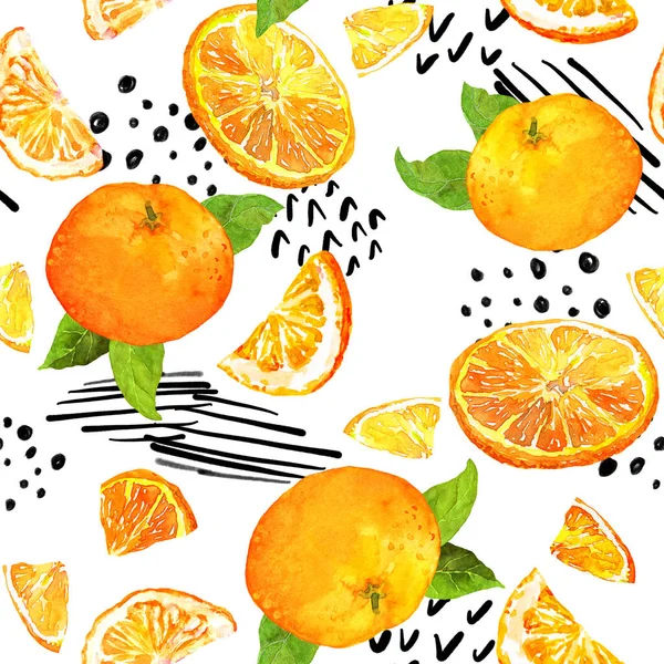 Fényes gyümölcs design citrusokkal, narancsokkal, levelekkel, pontokkal, vonalakkal. Nyári zökkenőmentes minta. Divatos akvarell kézzel festett gyümölcsök és memphis véletlenszerű rajzok — Stock Fotó