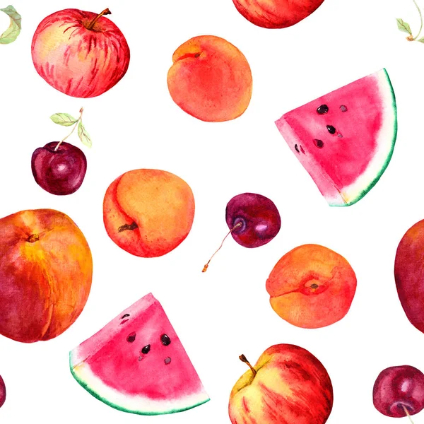 Érett gyümölcs - sárgabarack, őszibarack, cseresznye, görögdinnye. Zökkenőmentes háttér. Akvarell élelmiszer — Stock Fotó