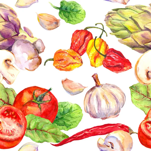 西红柿,辣椒,辣椒,辣椒,大蒜等蔬菜配菜.无缝隙的烹调背景。水彩画 — 图库照片
