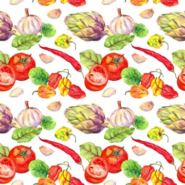 Sebzeli mutfak deseni. Domates, biber, soğuk, sarımsak. Kusursuz aşçılık geçmişi. Suluboya