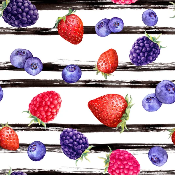 Summer ripe berries - raspberry, strawberry, blackberry, blue berry. Seamless pattern. Watercolor with ink lines, stripes