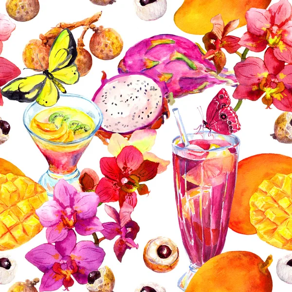 Egzotikus gyümölcsitalok, koktél - zökkenőmentes trópusi minta. Mangó, sárkánygyümölcs, licsi, orchidea virágok, pillangók. Akvarell — Stock Fotó