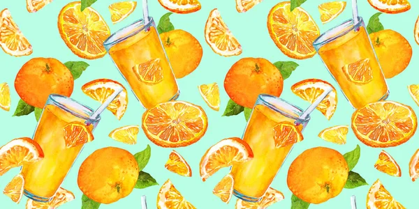 Watercolor. Citrus fruitswith leaves and orange juice glasses. Seamless pattern