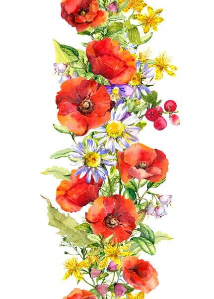 Bordure florale sans couture avec des fleurs d'été. Aquarelle avec pavot de prairie et camomille — Photo