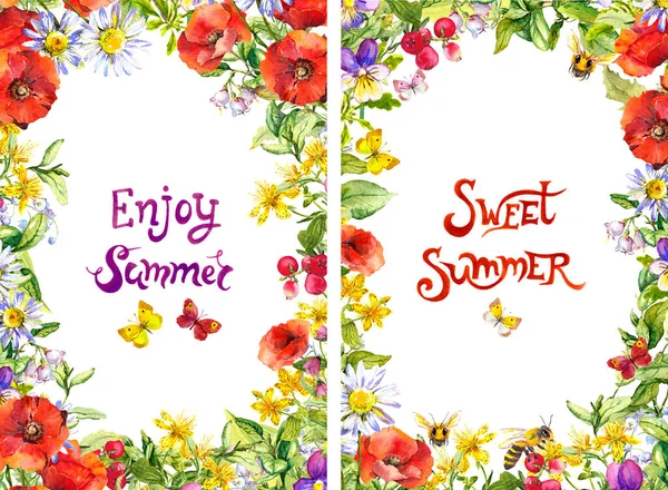 Twee bloemen sjablonen voor 4x6 flyers met zomertekst. Wilde bloemen, weidegras, vlinders, bijen. Waterverf — Stockfoto