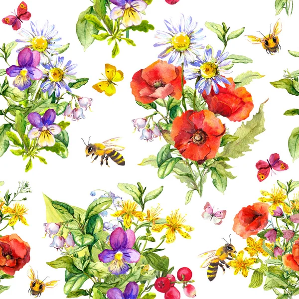 Καλοκαιρινά λιβάδια, χόρτα, πεταλούδες, μέλισσα. Χωρίς ραφές μοτίβο λουλουδιών. Υδατογραφία — Φωτογραφία Αρχείου