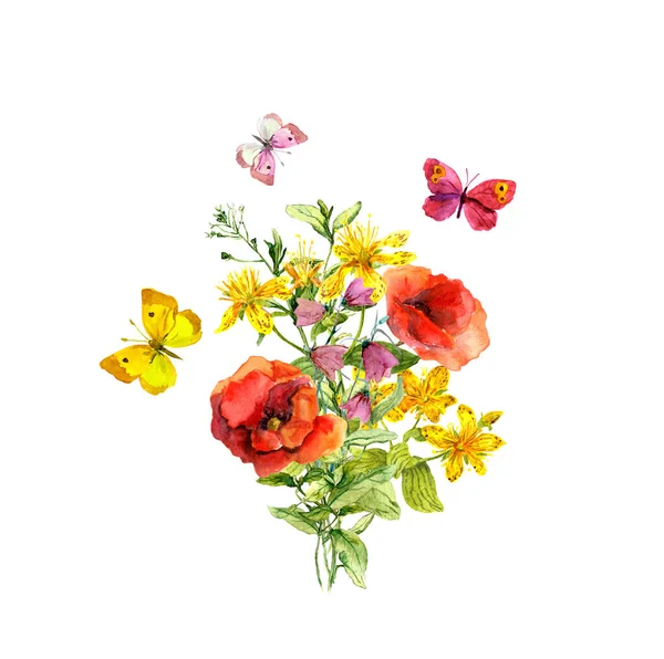 Pillangók virággal. Virágcsokor - mák, nyári virágok. Akvarell — Stock Fotó