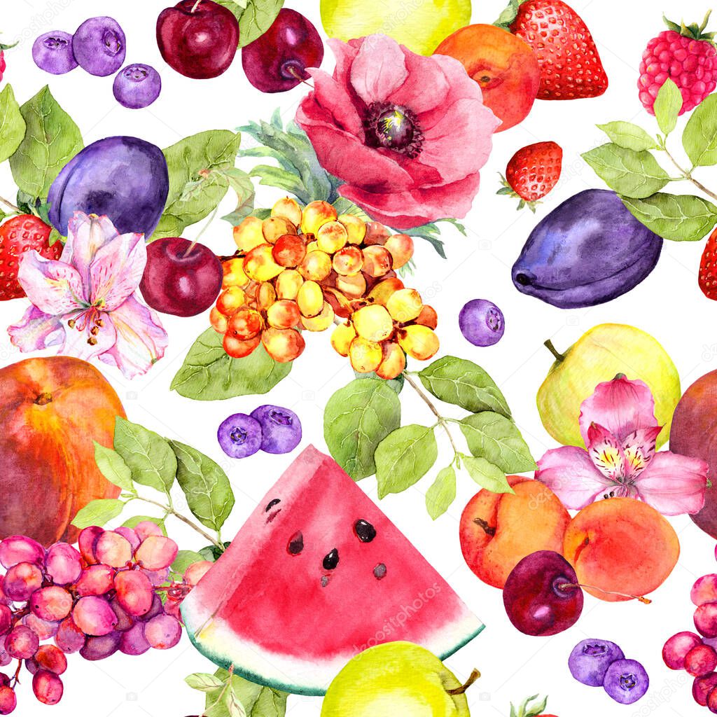 Summer fruits, berries and flowers. Seamless food pattern. Watercolor