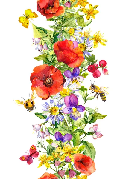 Floral répétant frontière avec les fleurs d'été et les insectes papillons, abeilles mellifères. Herbe de prairie aquarelle — Photo