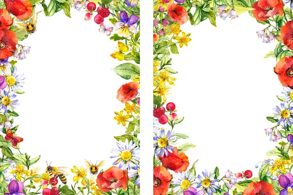 Nyári keretek 5x7 nyári virágszórólapokhoz. Virágok, rét fű, pillangók, méhek. Akvarell — Stock Fotó