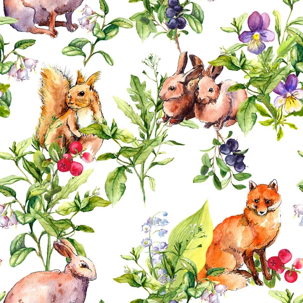 Zwierzęta leśne, króliki, wiewiórki, lisy w trawie, kwiaty. Bezszwowy wzór kwiatowy. Akwarela w stylu szkicowym — Zdjęcie stockowe