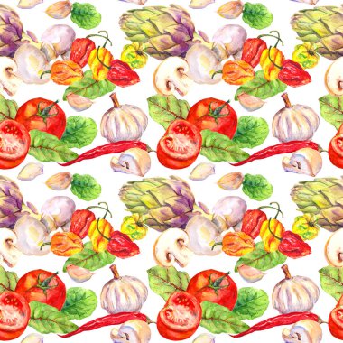 Domatesli, biberli, soğuk, sarımsaklı yemek kalıbı. Kusursuz sebze deseni. Suluboya