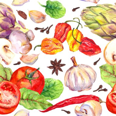 Sebzeli mutfak deseni. Domates, biber, soğuk, sarımsak. Kusursuz aşçılık geçmişi. Suluboya