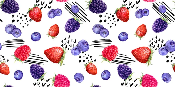 Meng van zomerfruit en bessen frambozen, aardbeien, bramen, bosbessen. Naadloos voedingspatroon met lijnen, stippen - memphis trendy kunst. Waterverf — Stockfoto