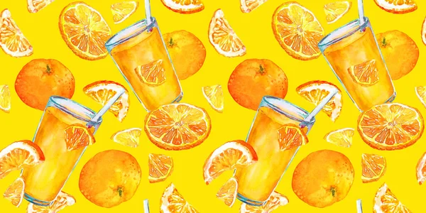 Sinaasappelen fruit en glazen met sinaasappelsap of limonade. Herhalen zomer patroon op gele achtergrond. Waterverfvoedsel — Stockfoto