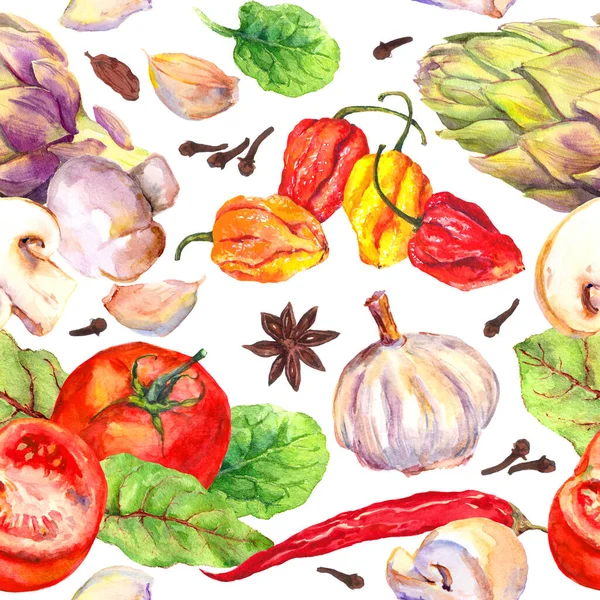 西红柿,辣椒,辣椒,辣椒,大蒜等蔬菜配菜.无缝隙的烹调背景。水彩画 — 图库照片