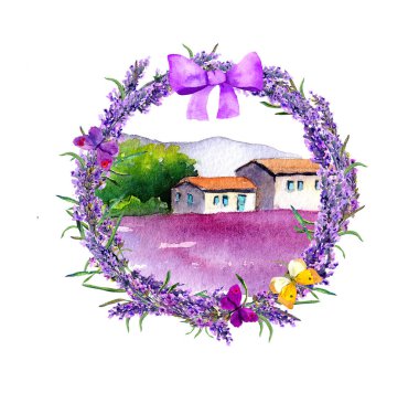 Lavanta çiçeği çelengi, kır evi olan çiftlik Provence, Fransa 'daki mor çiçek tarlası. Kelebekli suluboya ve yay
