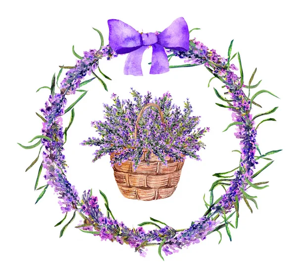 Cesta con flores de lavanda en corona floral. Guirnalda de acuarela — Foto de Stock