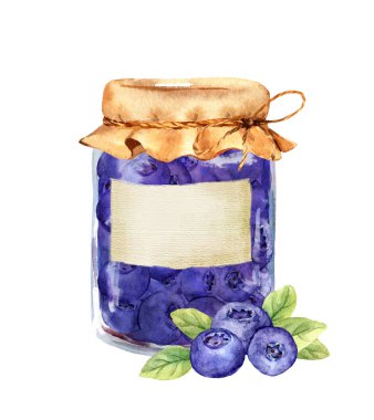 Böğürtlen reçel kavanozu, böğürtlen ve yapraklı. Suluboya