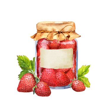 Çilekli reçel ve kağıt etiketli böğürtlen kavanozu. Eski tarzda suluboya