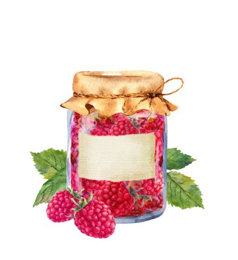 Böğürtlenli ahududu reçeli ve kağıt etiketli cam kavanozda yapraklar. Geleneksel tıp ve sağlık hizmetleri için suluboya