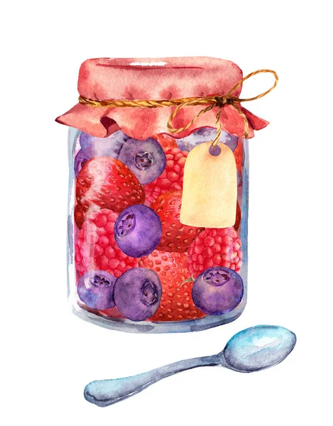 Vegyes bogyós lekváros eper, málna, áfonyás üveg kanállal és üres papírcímkével. Akvarell — Stock Fotó