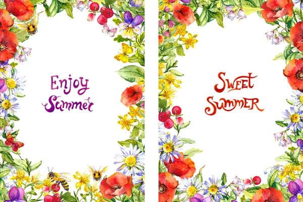 Letní rámečky pro letáky 5x7 s letním textem. Jasné květiny, louka, motýli, včely. Akvarel — Stock fotografie