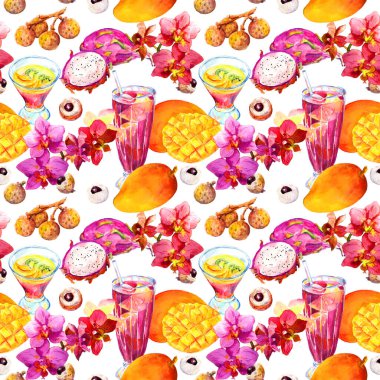 Egzotik meyve içecekleri, kokteyl, kusursuz tropikal desenler. Mango, ejderha meyvesi, litchi, orkide çiçekleri, kelebekler. Suluboya