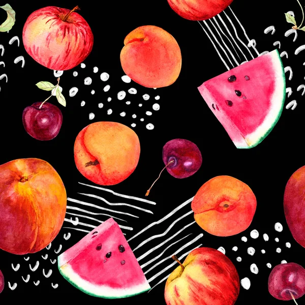 Szórakoztató gyümölcs motívum sárgabarack, őszibarack, cseresznye, görögdinnye - nyári gyümölcsök. Zökkenőmentes minta véletlenszerű vonalakkal és pontokkal - pozitív memphis stílus, trendi művészet. Akvarell fekete háttér — Stock Fotó