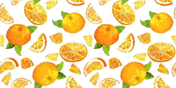 Leuk zomerpatroon met sinaasappels en bladeren. Naadloos patroon, herhaald textuur ontwerp. Aquarel met de hand geschilderde vruchten — Stockfoto