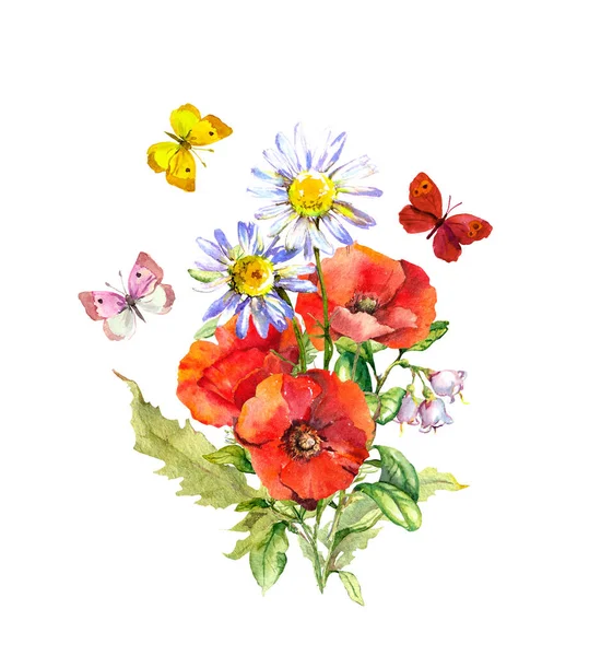 Pillangók virágokkal a csokorban. Virágos nyári kompozíció - mák, kamillavirág. Akvarell — Stock Fotó