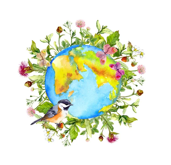 Wereldbol, bloemen, wild gras, groene bladeren, vlinders en vogels. Aquarel voor Milieudag - Aarde, planten, dieren — Stockfoto