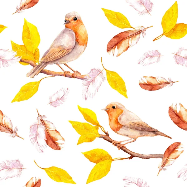 Yellow leaves on autumn branches with birds, falling feathers. Repeating background. Watercolor — Stock Photo, Image