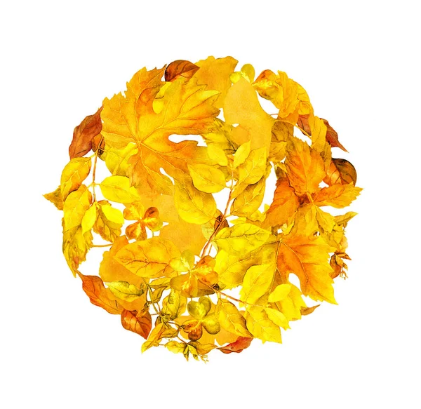 Yellow leaves, circle autumn background. Round natural pattern. Watercolor