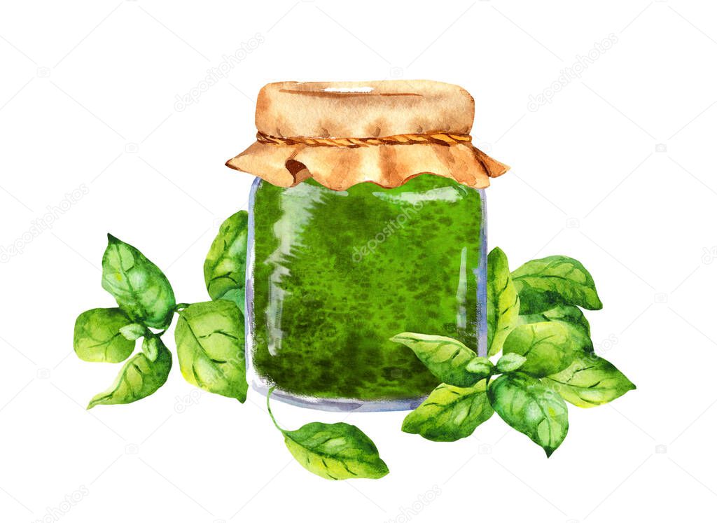 Homemade basil pesto sauce in glass jar decorated with fresh basil leaves. Watercolor food