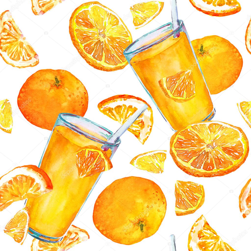 Seamless pattern with orange fruits, slices and juice glasses. Watercolor on white background