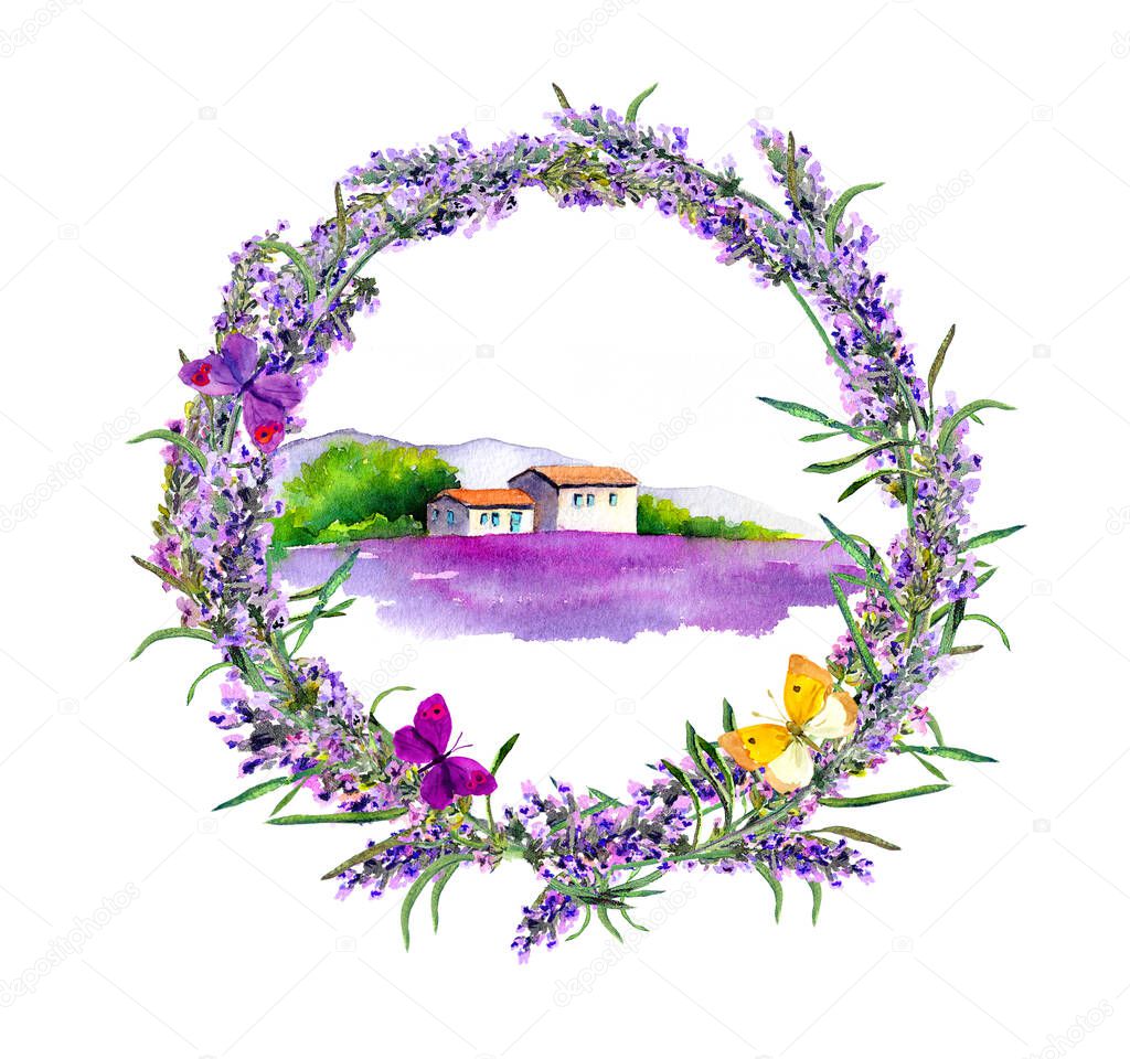 Lavender flowers wreath, farm with rustic house and violet floral field in Provence, France. Watercolor with butterflies