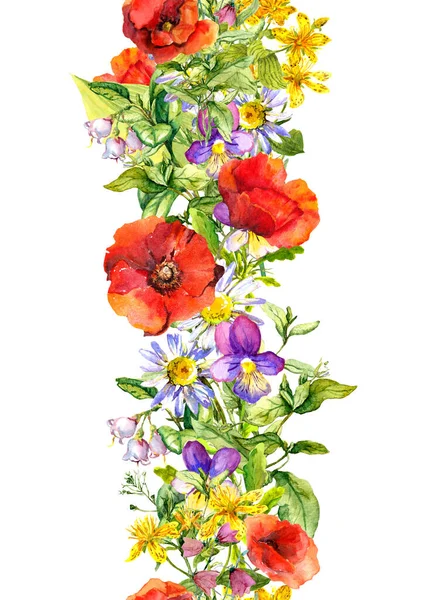 Nyári virágok. Virágfüzér nélkül. Dekoratív akvarell csík - rét fű, mák, kamilla — Stock Fotó