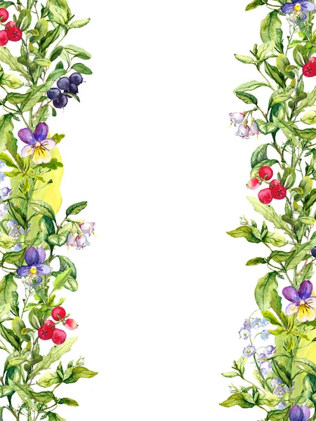 Floraler Rand - Feldblumen, Sommerbeeren, Kräuter, Wiesengras. Botanisches Aquarell. Wiederholter Rahmen — Stockfoto