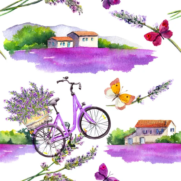 法国普罗旺斯的薰衣草花、蝴蝶、自行车、薰衣草地、农村原生农舍。水彩画 — 图库照片