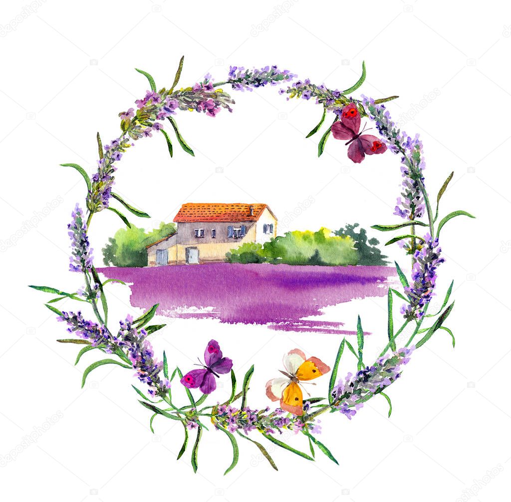 Lavender flowers wreath, farm with rustic house and violet floral field in Provence, France. Watercolor with butterflies