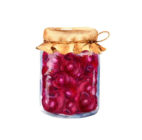 Cherry jam in glass jar. Watercolor food illustration — Stock Photo, Image