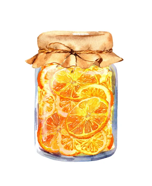 Sinaasappeljam - glazen pot met citrusschijfjes. Waterverfvoedsel — Stockfoto