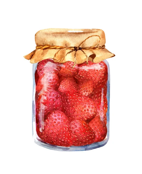 Confiture de fraises aux baies dans un bocal en verre. Aquarelle — Photo