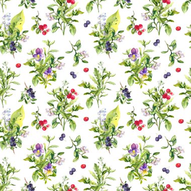 Çiçeksiz desenli tarla çiçekleri, yaz meyveleri, otlar, çayır çimenleri. Suluboya tekrarlanan arkaplan